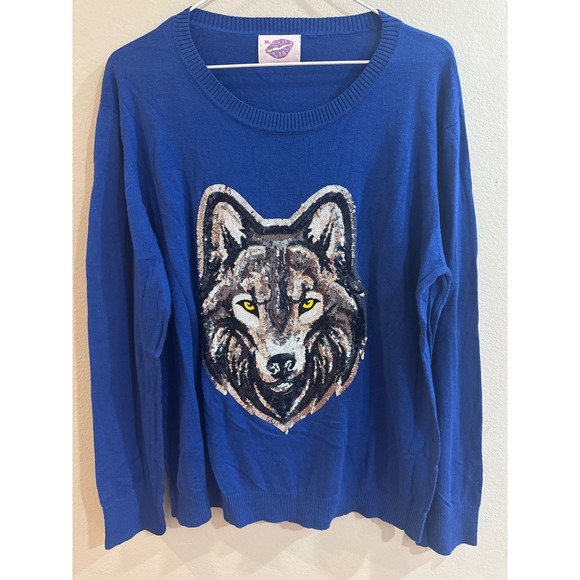 Sparkle City Sweaters - Sparkle City Blue Wolf Sequin Long Sleeve Sweater Knit Top Women's XL